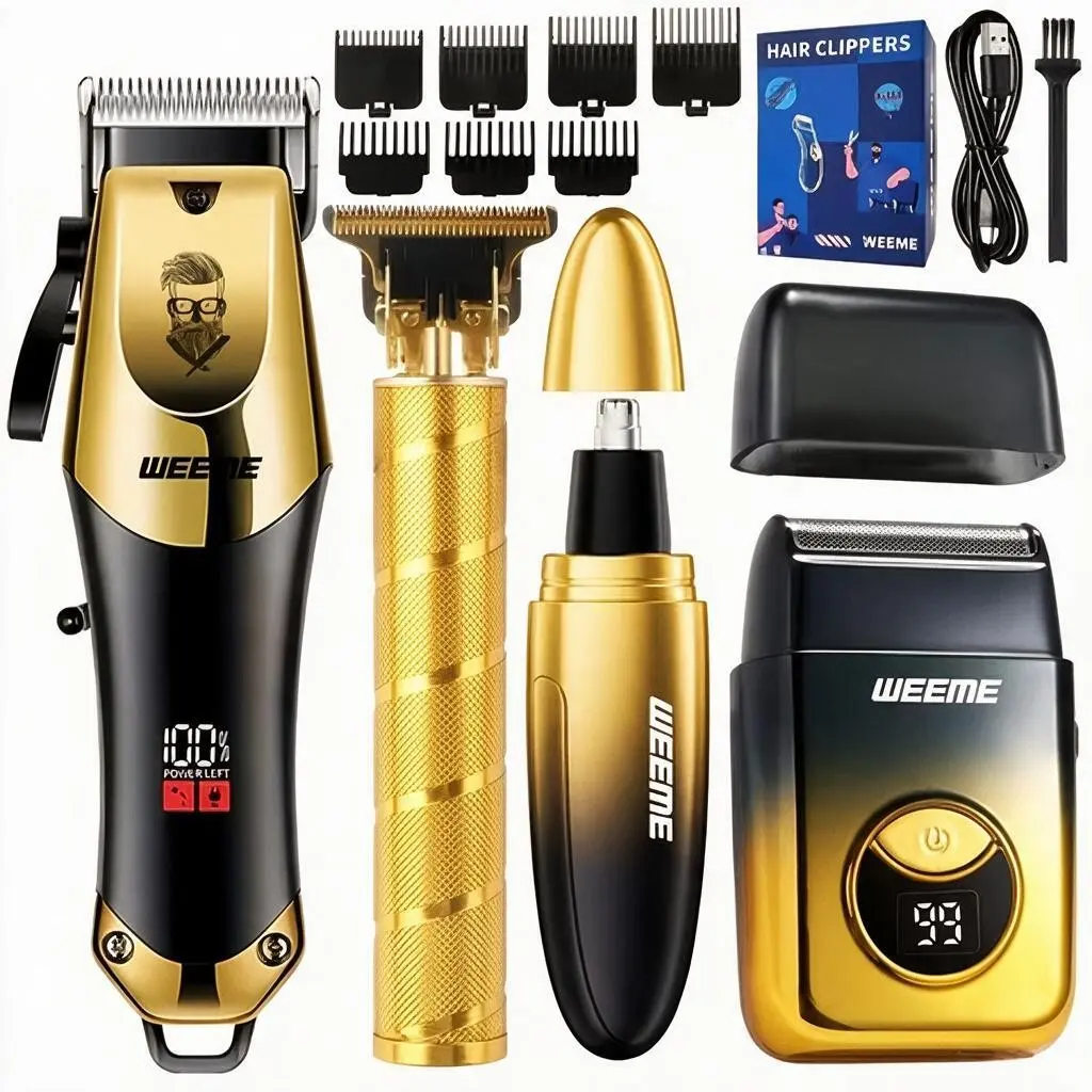 Weeme Men's Electric Haircutting Kit 4-Piece Set, Hair Cutting Tool, Includes Trimmer, Beard Razor, Nose Hair Clipper, Shaver, Wireless Hair Cutter, USB Charging, Home Use, USB Rechargeable Trimmer
