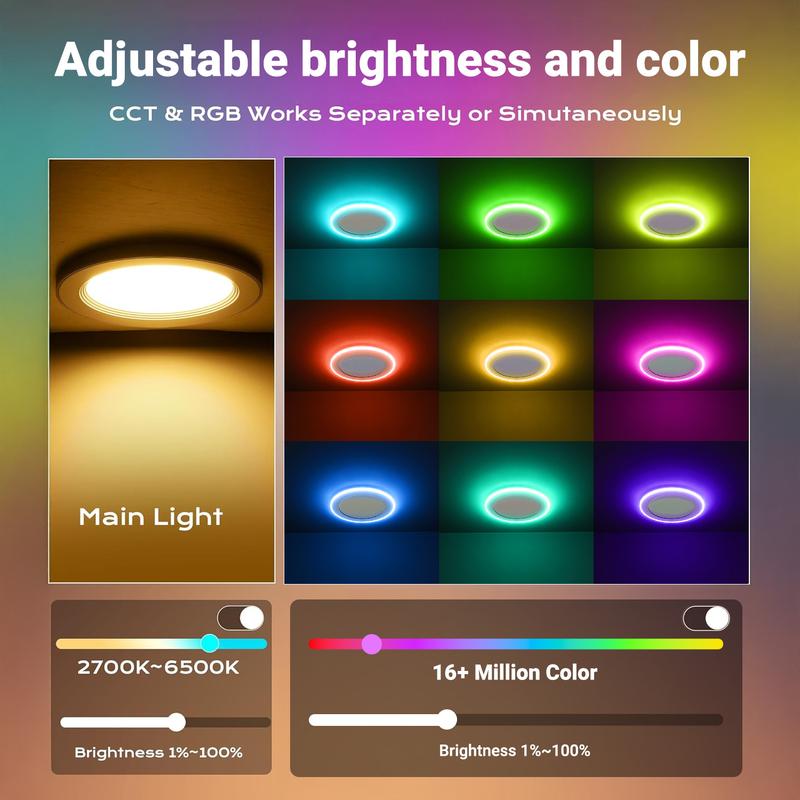 DAYBETTER 6-inch Ultra-thin Embedded Smart Panel Light Wi-Fi Link App Control RGB Adjustable 2500k to 6500k Ceiling Lighting Decoration