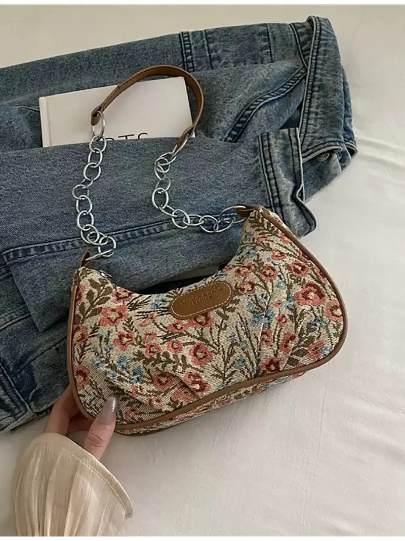 Women's Fashion Versatile Solid Color New Floral Print Shoulder Bag Casual Simple French Bag Small Square Bag Handheld Shoulder Bag