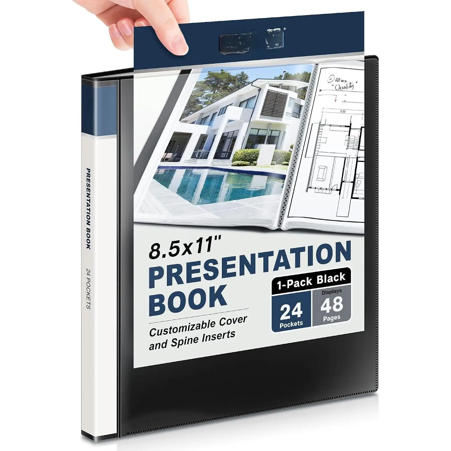 Letter Size Portfolio Binder (8.5x11), Acid-Free Document Holder with 24 Bound Sleeves, 48-Page Display, Customizable Plastic Cover Holder, Desk Organizer for Business Presentations