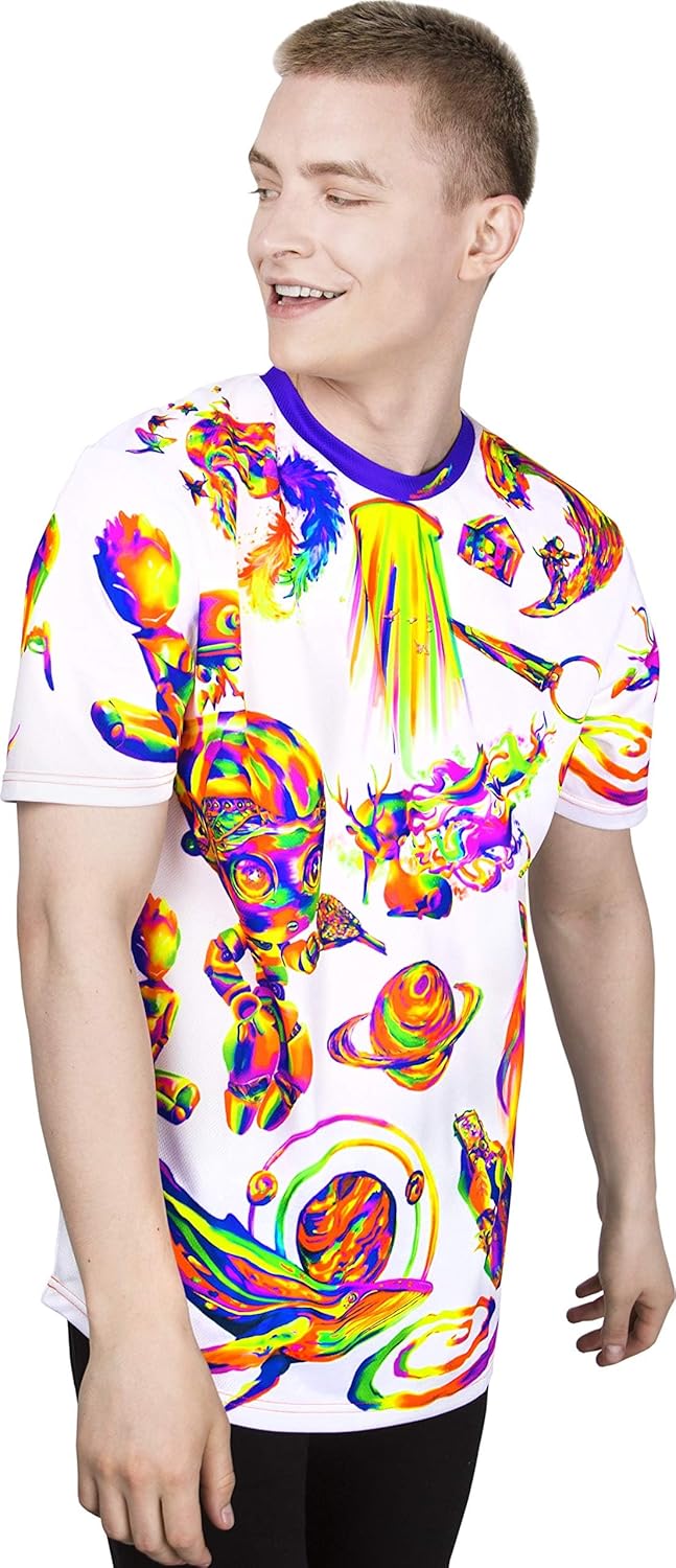 Neon Glow Blacklight UV Reactive Party Rave Handmade Art Tee Sport Top Workout Shirt Women Unisex Men Design T-Shirt
