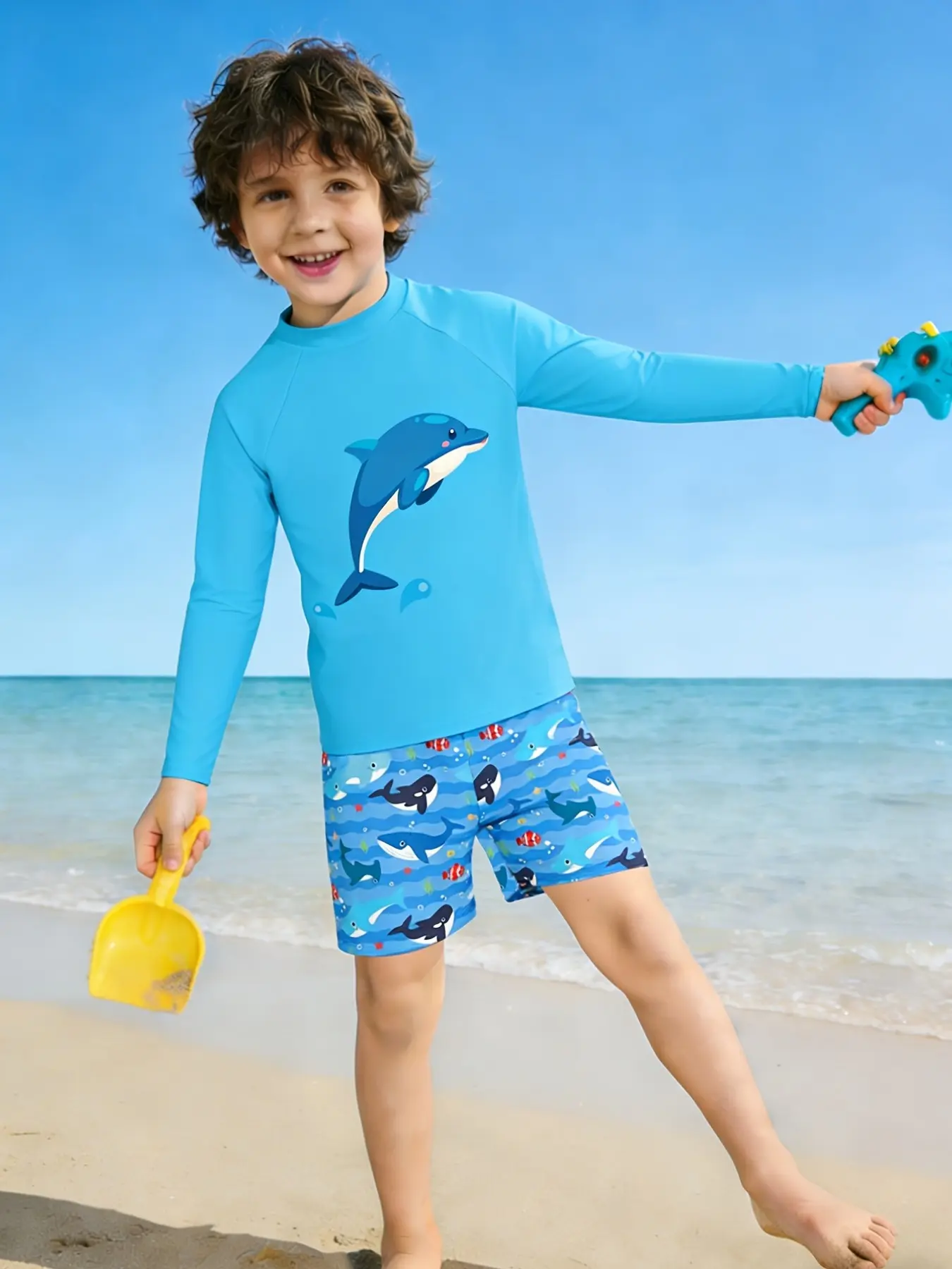 Kids Boys Ocean Dolphin 2-Piece Swim Outfit, Solid Light Blue Long Sleeve Rash Guard, Stretchy Breathable Swimwear for Snorkeling & Pool Play
