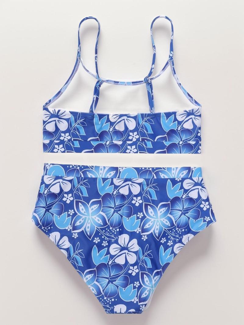 Two-piece Set Women's Floral Print Swimsuit Set, Summer Clothes Women, Casual Adjustable Strap U Neck Swim Top & High Waist Swim Bottoms, Women's Swimwear for Summer, Floral Bikini Sets