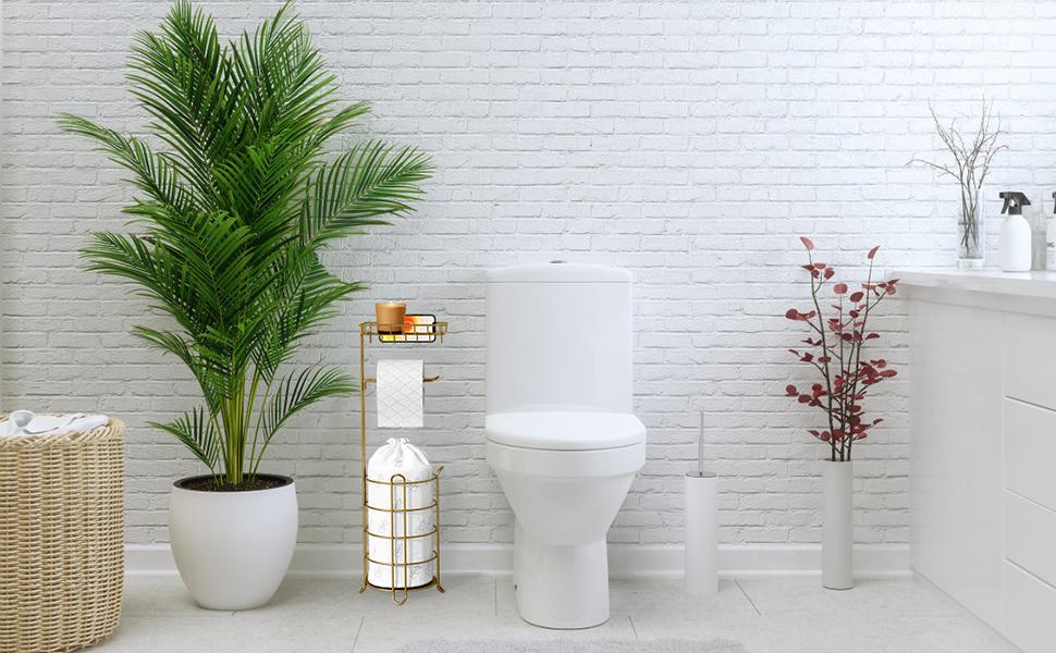 Gold Metal-Frame Free Standing Toilet Paper Holder with Phone Shelf & Tissues + Wipes Storage Tray, Floor Bathroom Holder for Large Mega Rolls, Large Rolls