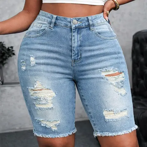 Plus Size Women's Casual Button-Fly Slim-Fit High-Waist Stretch Ripped Summer Denim Jeans Shorts, Casual Fitted Jorts, American Streetwear Style