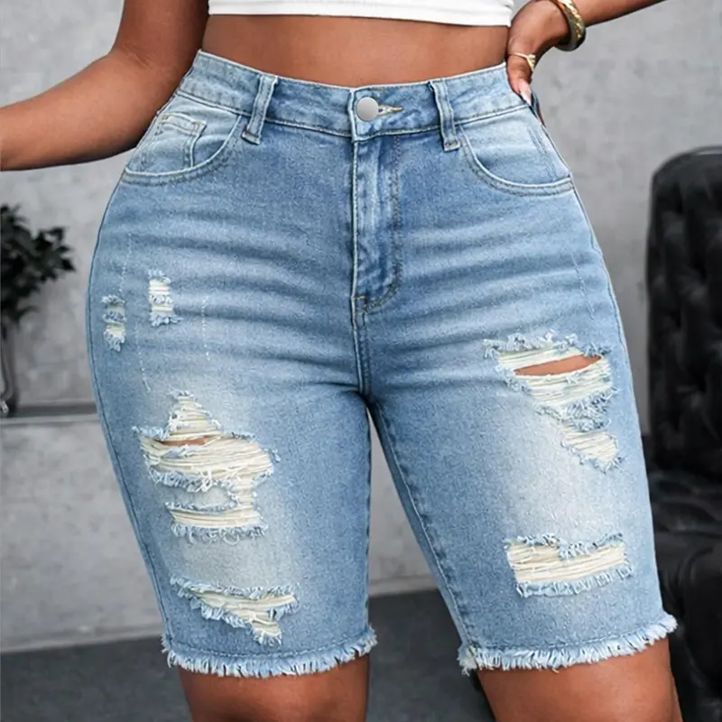 Plus Size Women's Casual Button-Fly Slim-Fit High-Waist Stretch Ripped Summer Denim Jeans Shorts, Casual Fitted Jorts, American Streetwear Style