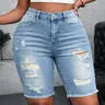 Plus Size Women's Casual Button-Fly Slim-Fit High-Waist Stretch Ripped Summer Denim Jeans Shorts, Casual Fitted Jorts, American Streetwear Style