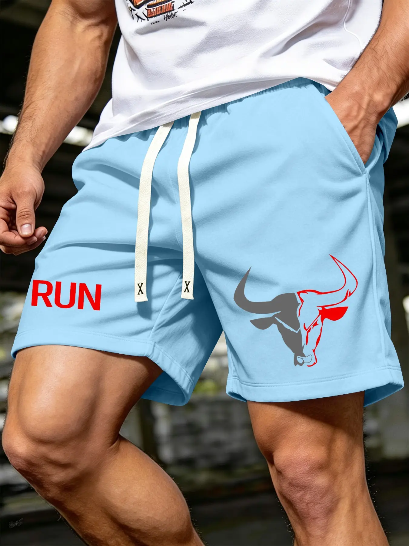 Men's Sporty Print Athletic Running Shorts, Activewear Shorts, Gym Workout Shorts, Athleisure Street Shorts, Bull Run Design, Loose Drawstring Pockets, Fitted Five-Pocket Streetwear, Ideal for Daily Fitness