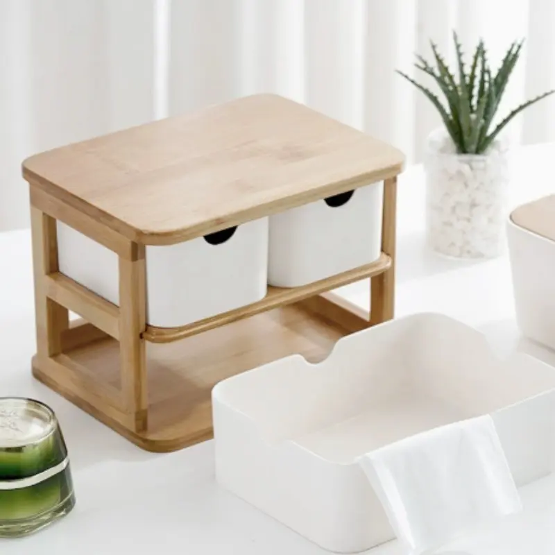 Eco-Friendly Bamboo Makeup Organizer Cabinet, Three Drawer Design, Compact Size for Vanity, Desk, Bathroom, Holds Skincare, Pens, Small Items