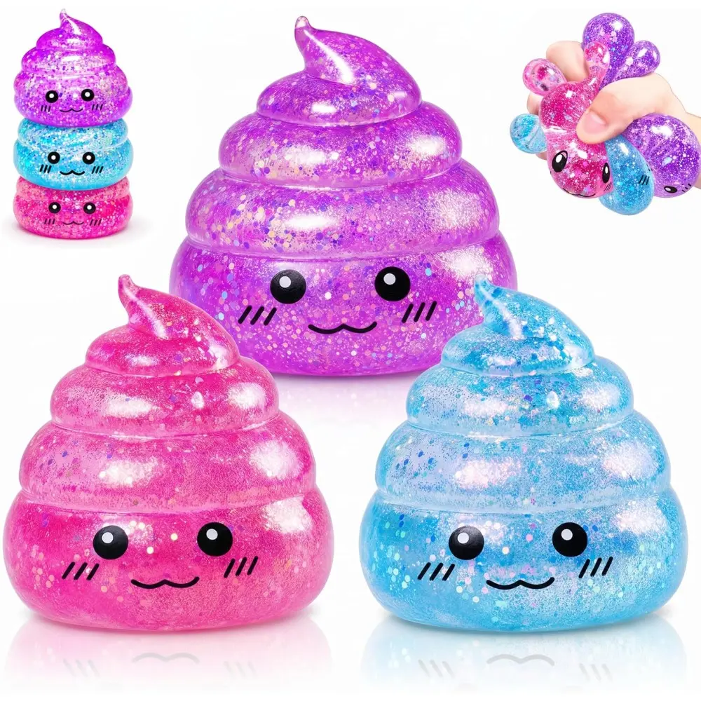 3-pack glitter poop shaped fidget squishies in 3 colors. Sparkly Squishies Durable soft rubber with shiny filling, fun stress vent toy for all ages, versatile funny gifts for different parties