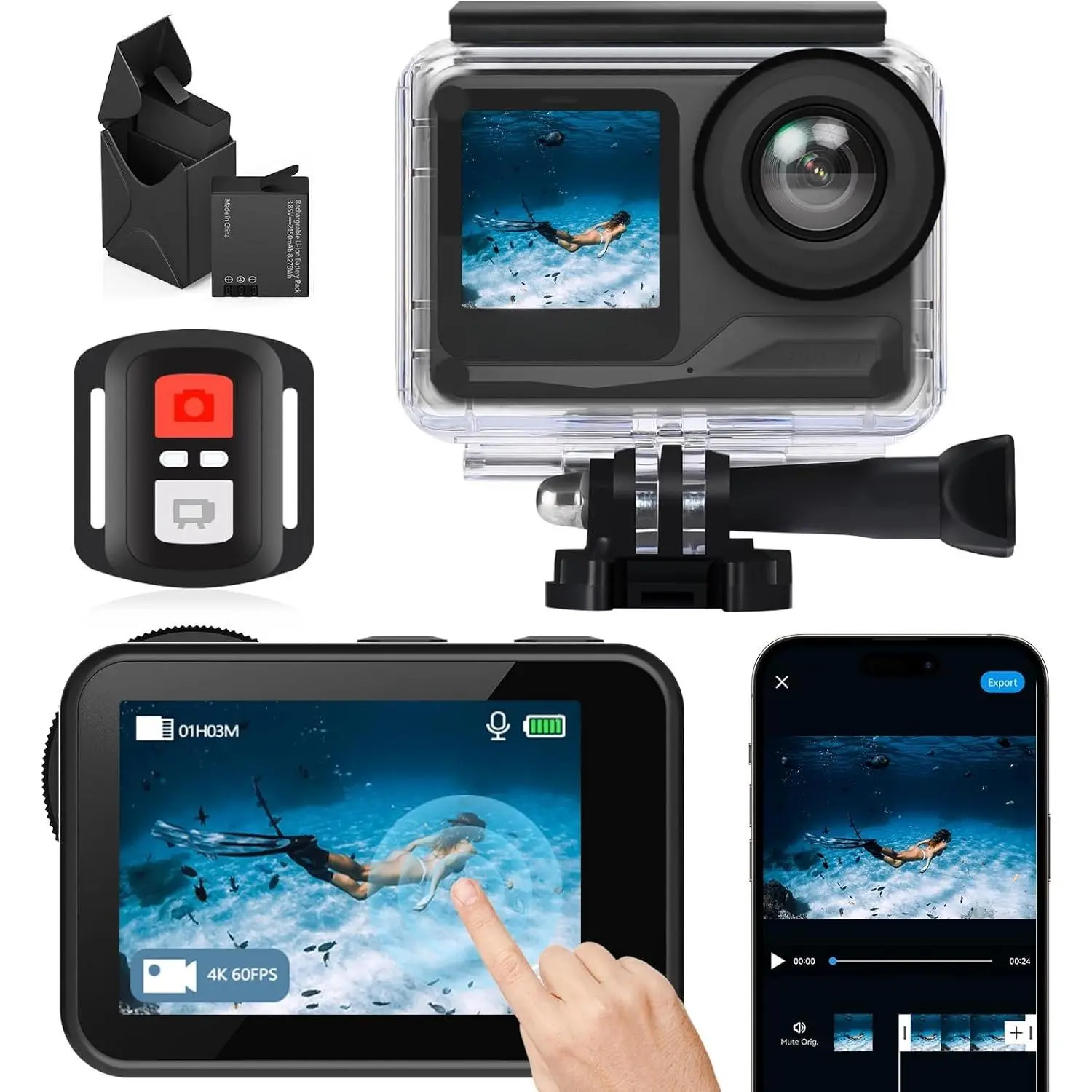 i7 Action Camera 4K 60FPS 20MP with 2X 2150mAh , Underwater Camera with 5X Zoom, , EIS,  by Snappro App, WiFi Remote Control, Support Video&Photo Editing