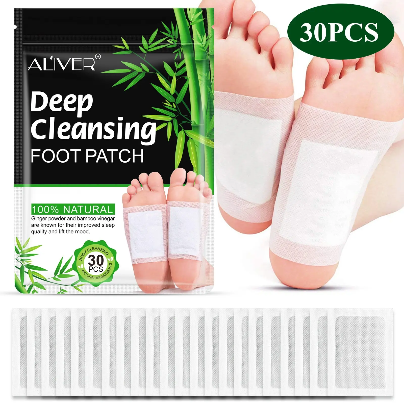 ALIVER 30-Piece Deep-Cleansing Bamboo Charcoal Foot Patches, Plant-Based Gentle Overnight Care