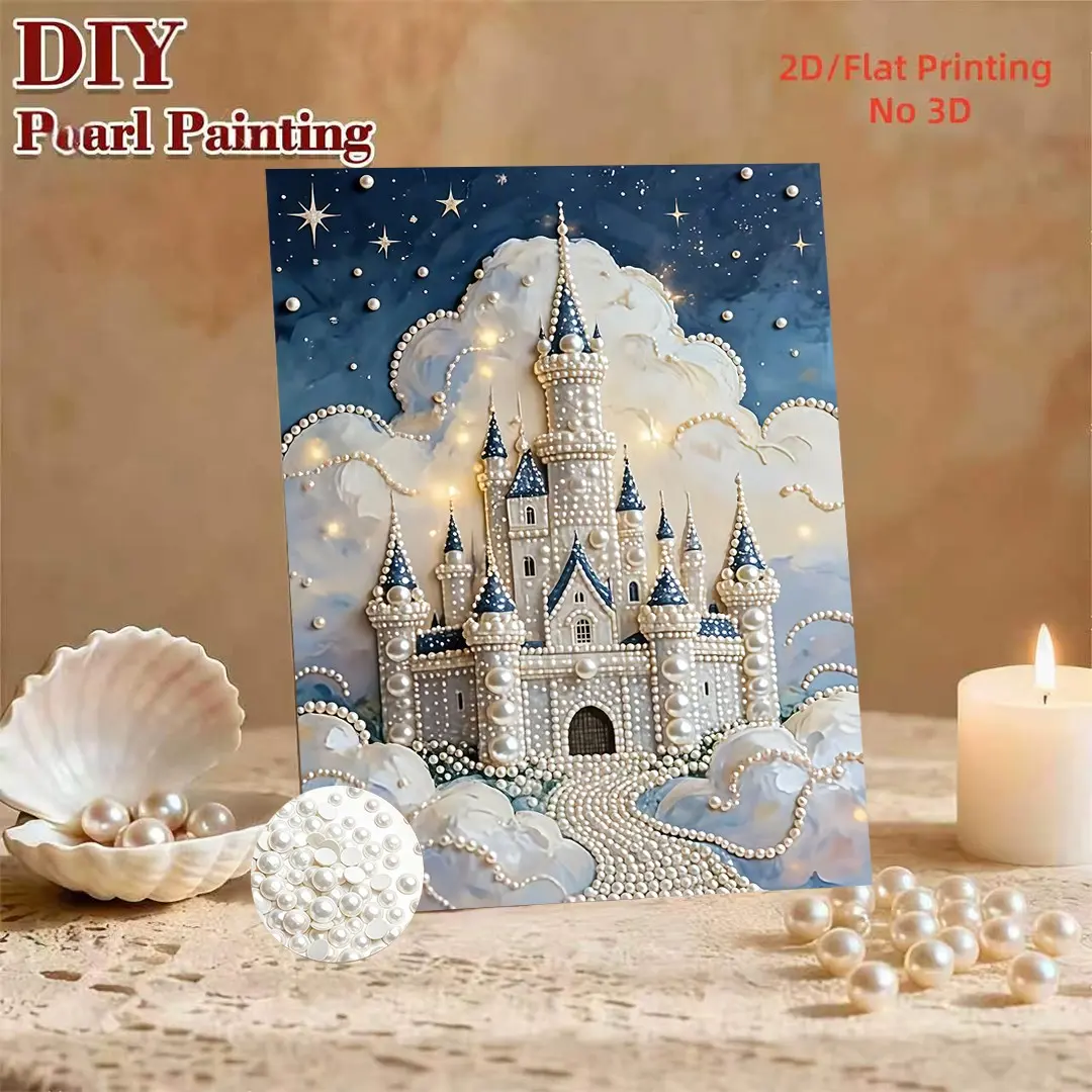 5D DIY pearl painting, dreamy castle starry sky wall art, shiny round pearl craft, frameless home decoration, stress relief DIY kit, holiday handmade gift