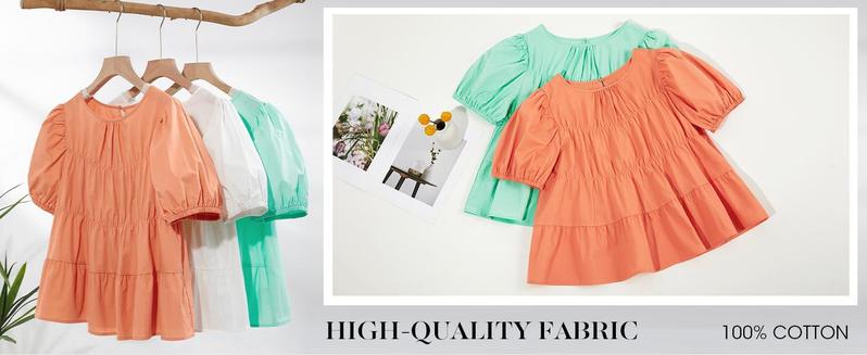 PASLTER Womens Puff Sleeve Peplum Babydoll Tops Summer Smoked Pleated Cotton T-Shirts Casual Loose Fit Flowy Blouse