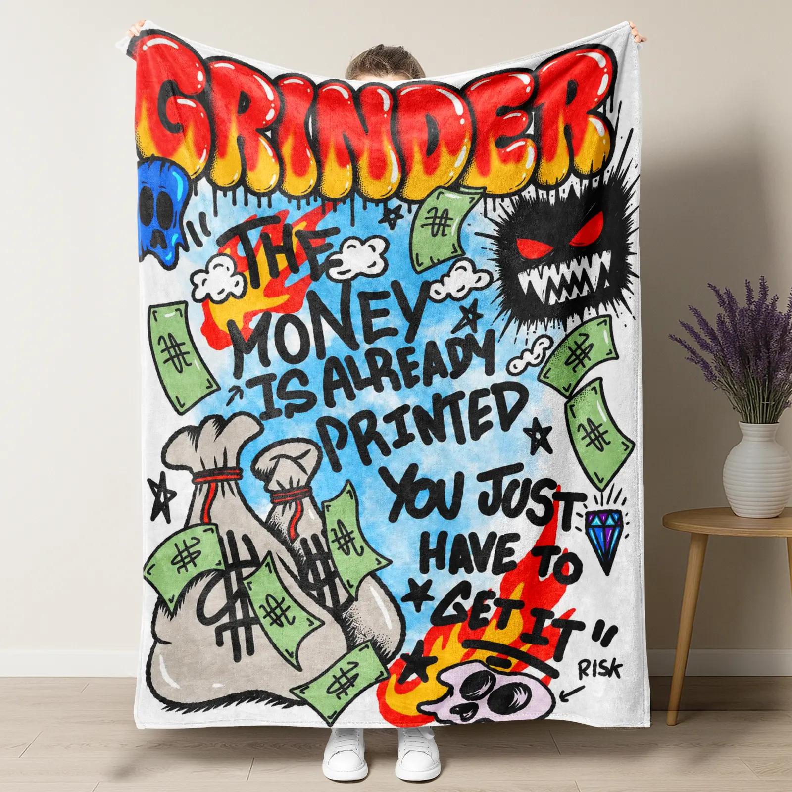 Grinder Money Graffiti Flannel Throw, Bedazzled Blanket Featuring Bold "The Money Is Already Printed" , Cover For Hustler Urban Room Decor