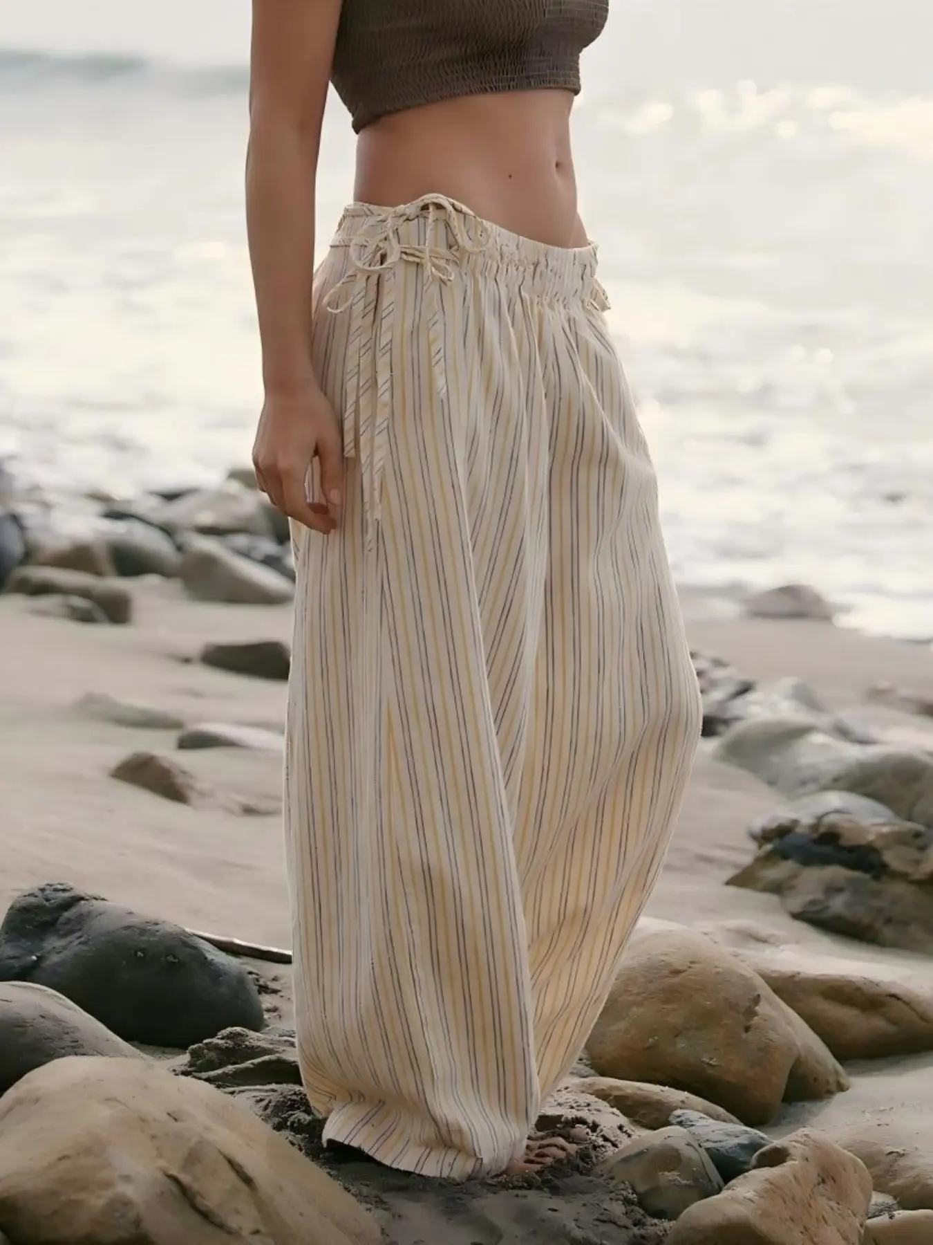 Women's Spring Summer Striped Belted Loose Long Pants, Flowy Lounge Wear Casual Lightweight Loungewear Ankle-Length H-Type Mid-Waist Elastic Waist Straight Leg Pajamas