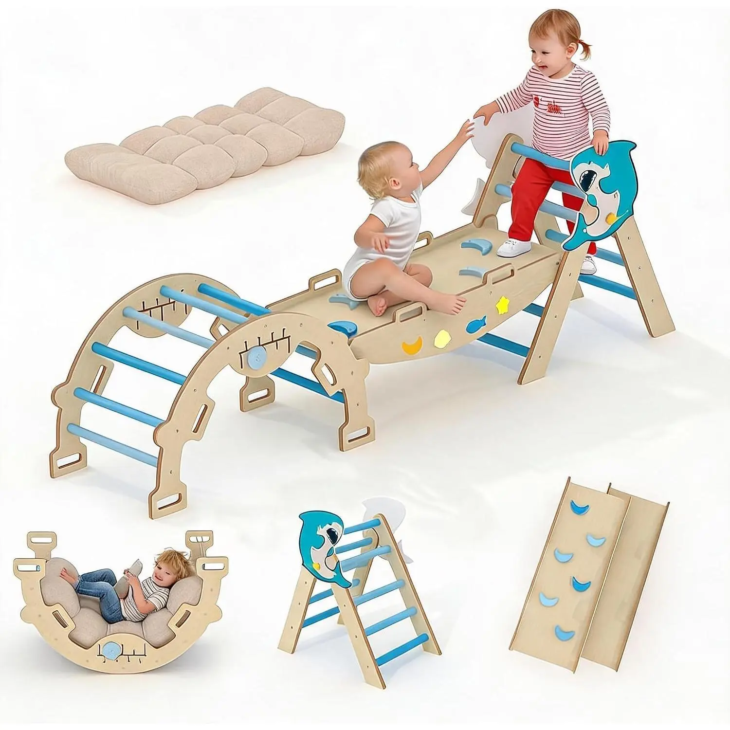 Triangle Set, Montessori Foldable 7-in-1 Jungle Gym & Reversible Animal Slide, Baby Indoor Playground Jungle Gym, Toddlers 18 Months-5 Years