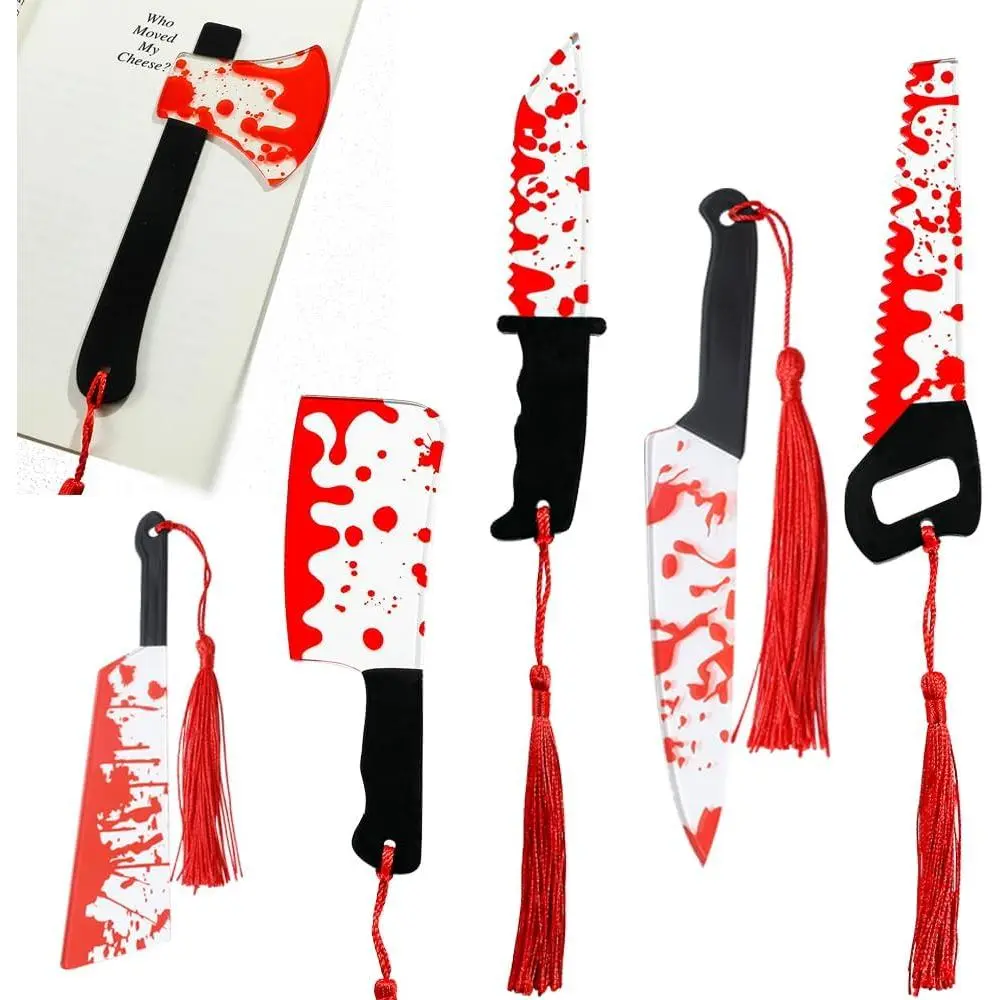 6PC Red Dagger-Shape Acrylic Bookmark with Tassel Charm, Gothic Horror Movie Knife Design, Halloween Gifts for Baby Costume Jewelry Enthusiasts