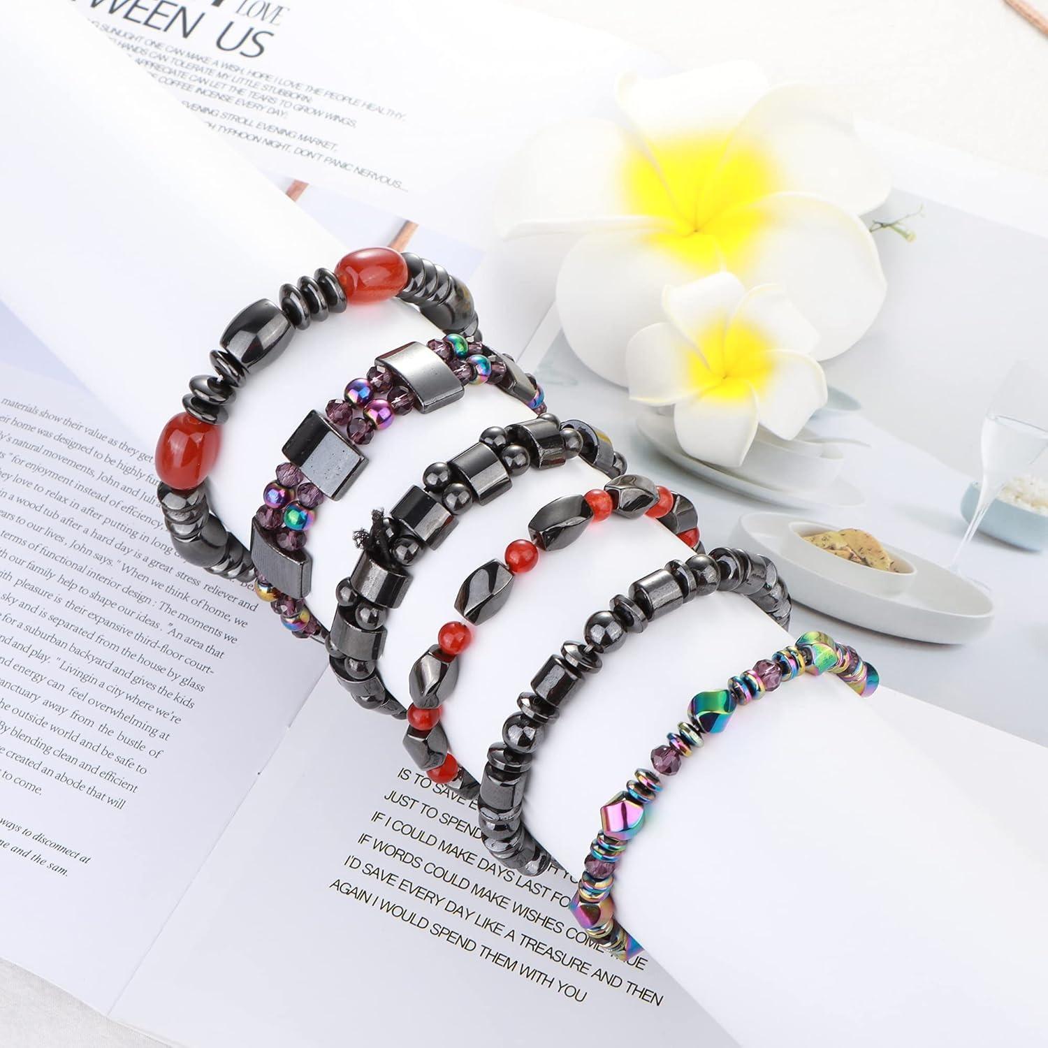 FINREZIO 6 Pcs Colorful Assorted Magnetic Hematite Bracelets Set for Men Women Healing Magnetic Stone Beaded Bracelets Trendy Fashion Jewelry Set Ideal Gift for Father's Day Birthday Holiday