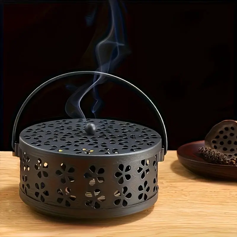 Metal Mosquito Repellent Holder with Handle Cover, Floral Cutout Design, Convenient Incense Burner, Aroma For Home, Ideal for Bedroom, Garden, Outdoor, Camping