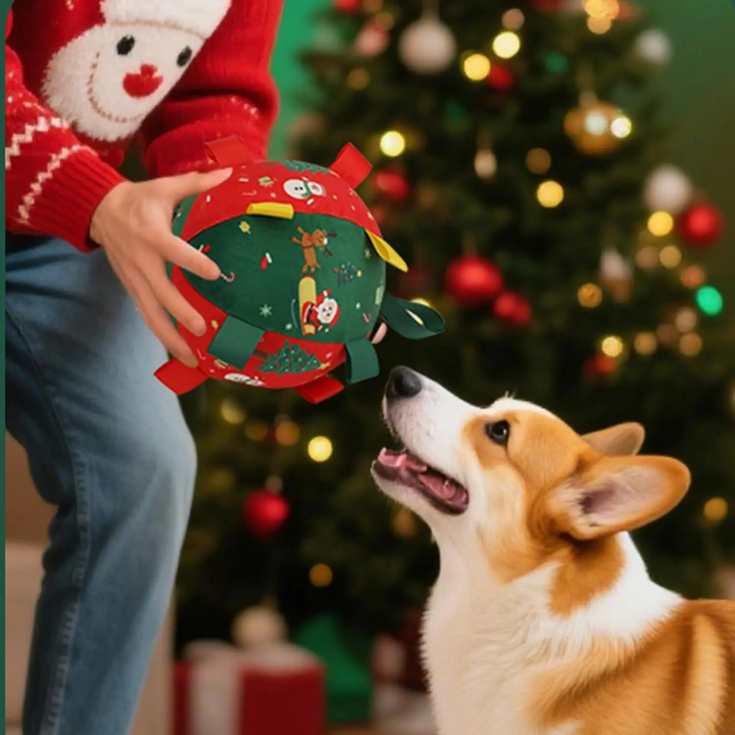 Christmas Bell Plush Chew Ball Toy for Small Medium Large Dogs, Interactive Training Self-Play Teething Ball, Holiday Outdoor Sports Toy