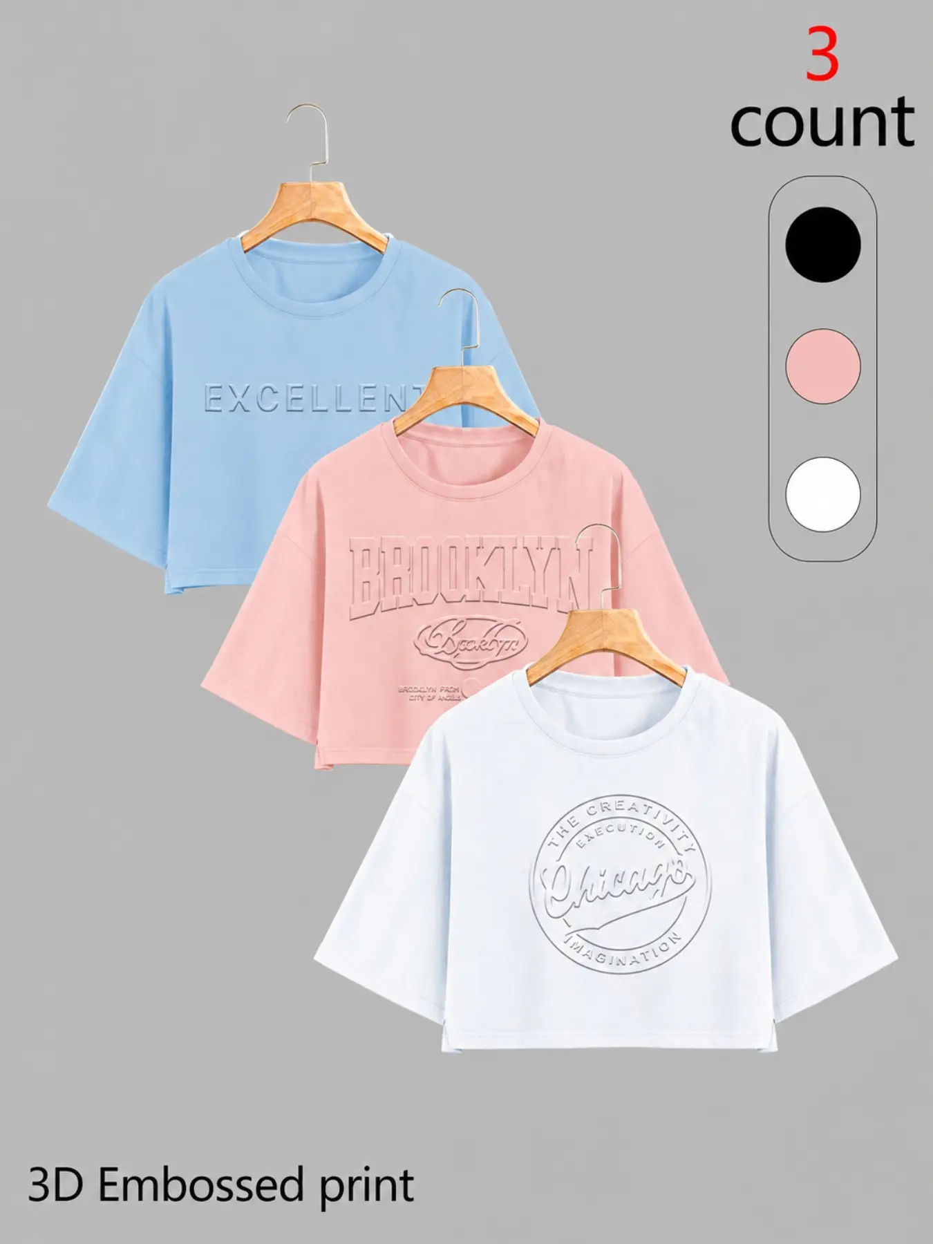Women's 3-Pack 3D Letter Print Crop Tops, Loose-Fit Short Sleeve Round Neck Tees, Casual Cropped Tee, Summer Y2K Style, Trend, Fashion, Multicolor, Perfect for Daily Wear, Music Festivals, Boho Chic Streetwear