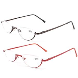 2 Pack Retro Designer Half Moon Reading Glasses Women Men Spring Hinge Half Frame Readers Stylish Slim Eyeglasses with Pouch,Red and Gun Grey 2.0