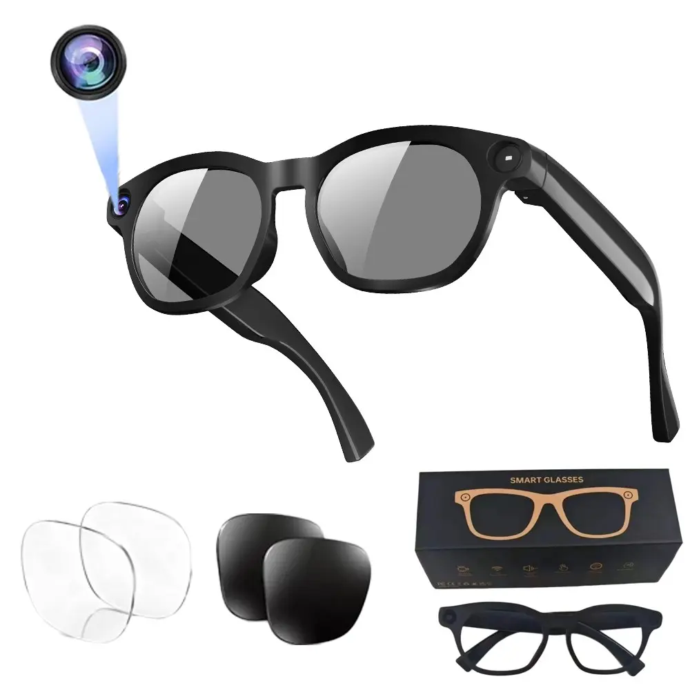 Video Recording Smart Glasses, AI Glasses with 8MP Camera, 4GB Memory Build-in, 1080P Video ,Build-in Mic & Speakers, Bluetooth Calling,  AI Real Time Translation, WiFi Transfer, 2 Lenses Total (Transparent +Black )
