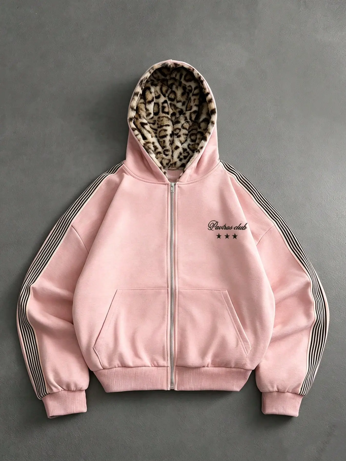 American Vintage Hooded Sweatshirt, Leopard Print Lining, Striped Side Panels, Casual Loose-Fit, Trendy Hoodie Sweatshirt, Fall & Winter Warm Outer Vest