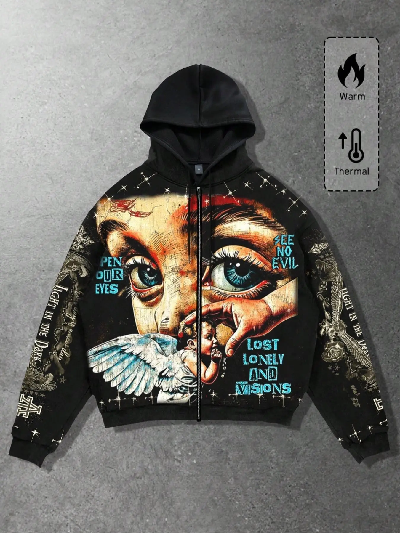 Retro oil painting style casual angel's eye hooded zipper hoodie unisex loose shoulder trendy brand hoodie explosive big eyes angel wing graphics print pattern with fleece warm hoodie men's coat retro punk rock street hooded cardigan