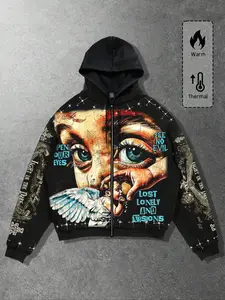 Retro oil painting style casual angel's eye hooded zipper hoodie unisex loose shoulder trendy brand hoodie explosive big eyes angel wing print pattern with fleece warm hoodie men's coat retro punk rock street hooded cardigan