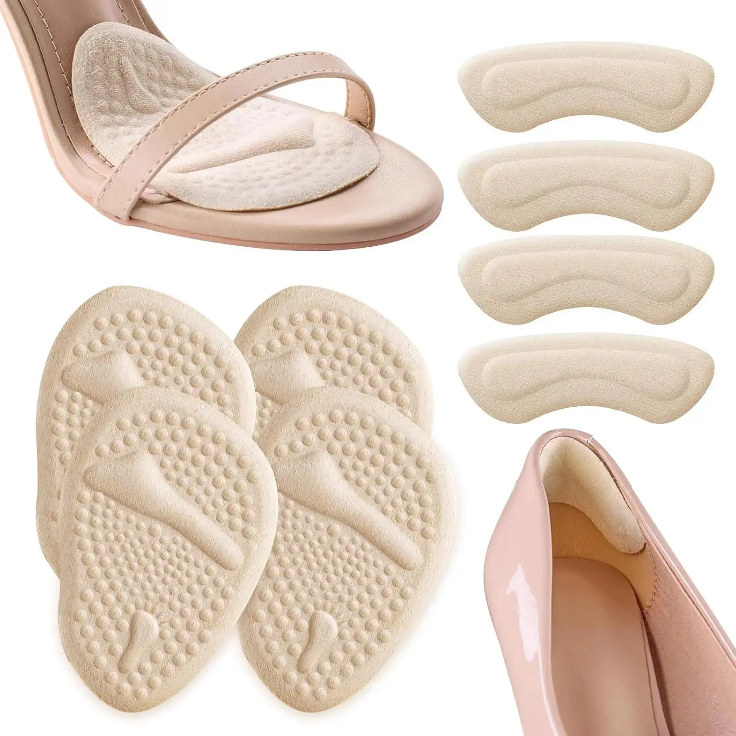 Women's Soft Metatarsal Pads & Heel Pads, No-Slip Shoe Inserts to Prevent Loose Shoes & Blisters (2 Sets)