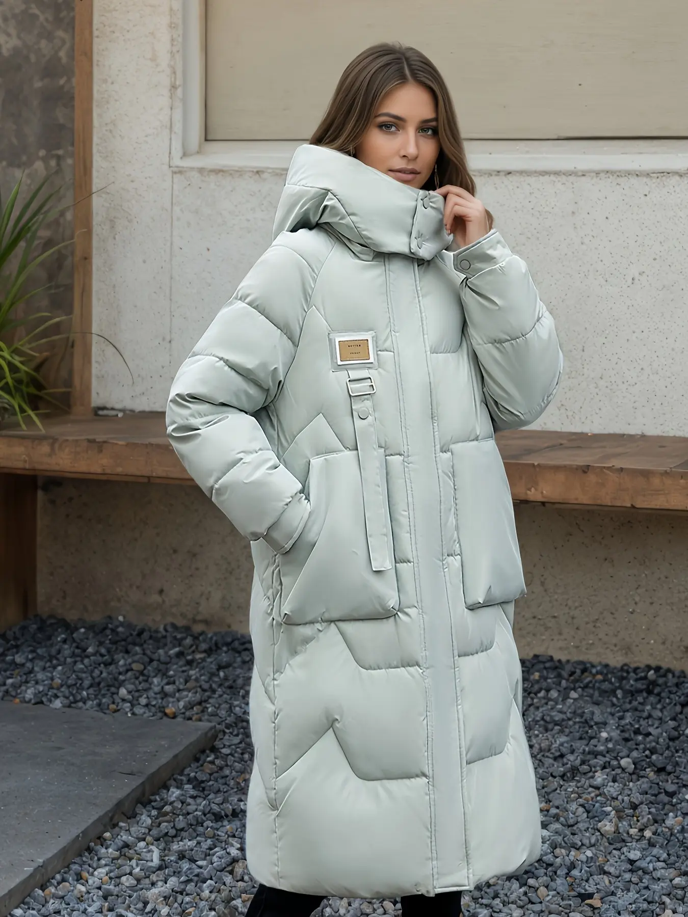 Women's Long Hooded Puffy Jacket, Oversized Loose Fit Zipper Thick Lining Winter Coat, Large Pocket Warm Insulating Outerwear