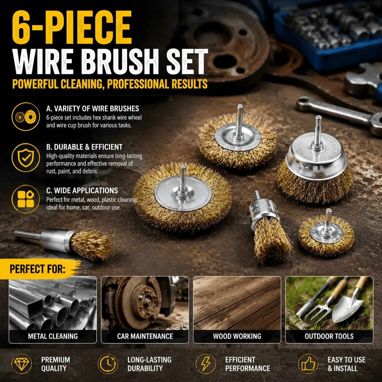6-Pack Brass Wire Brush Drill Bits Set, 1/4" Hex Shank Carbon Steel Rust Remover Tools, Anti-Rust Metal Surface Attachments for Rotary Power Tools, Multi-Purpose Cleaning and Polishing Kit