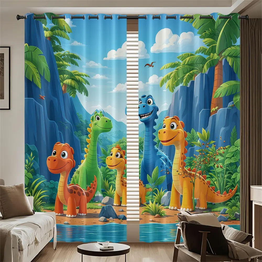 Cartoon Dinosaur Forest World Print Blackout Curtains, Metal Grommet Top, Thermal Insulated, Noise Reducing & Privacy Protection, 2 Panels Window Drapes for Apartment, Living Room & Bedroom Decor
