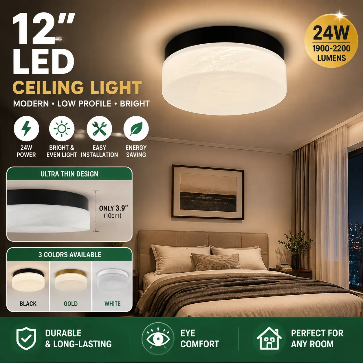 12-Inch 24W LED Motion Sensor Ceiling Light, Modern Low-Profile Round Metal-Glass Flush Mount Lamp (Black), Minimalist Fixture for Bedroom, Living Room, Home Improvement Indoor Lighting