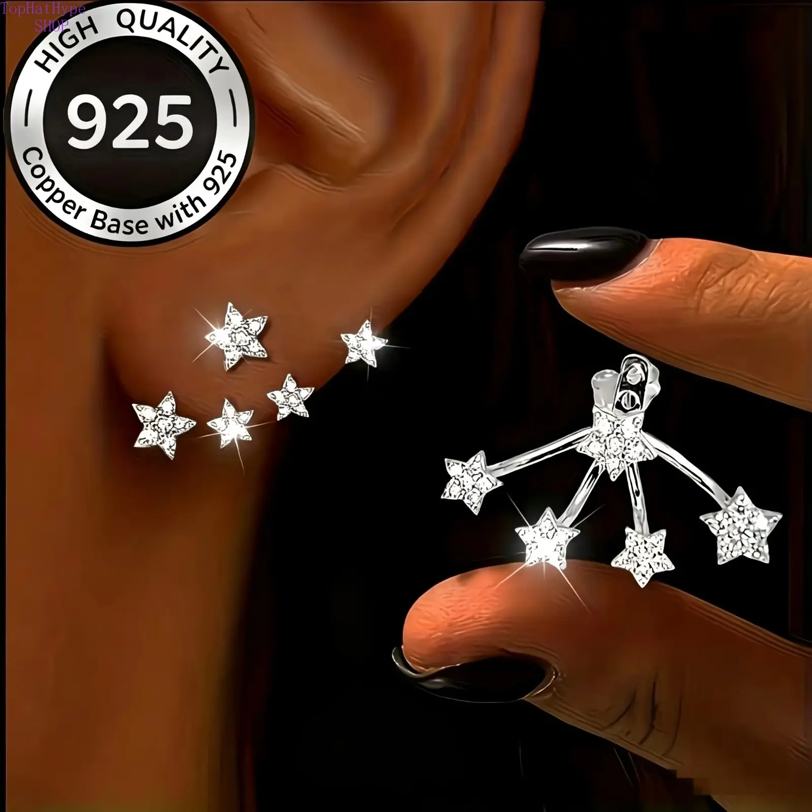 High Quality 925 Silver Plated Copper Super Sparkly Star Jacket Earrings, Unisex Hip Hop Fashion Trendy Hypoallergenic Earrings, Perfect Holiday & Anniversary Gift