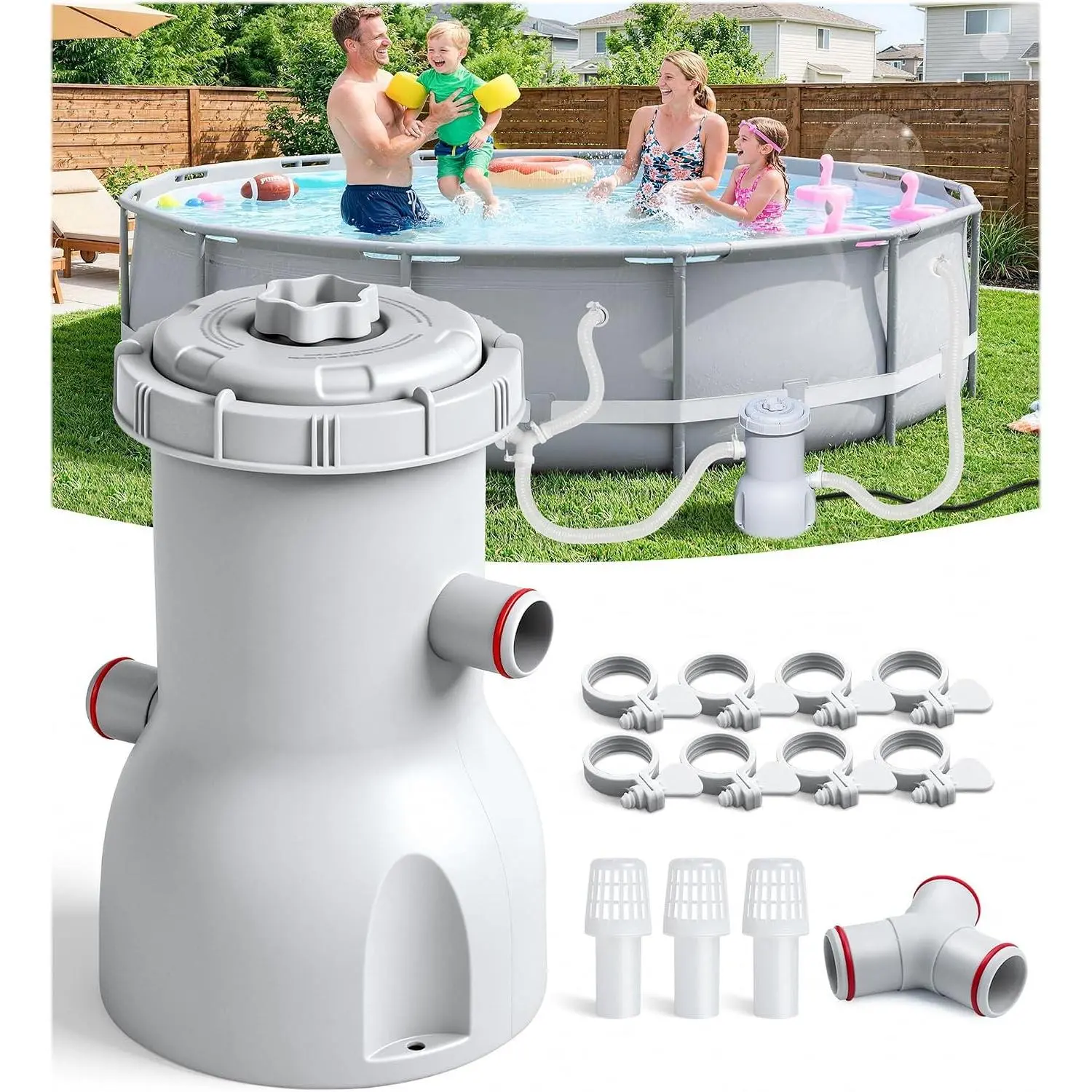 800 GPH Above Ground Pool Filter Pump, Energy-Saving Pool Cartridge Filter Pump | Dual Action: Accelerate Water Flow & Capture Debris Quickly - Improve Water Clarity | Easy to Setup, GrayGift