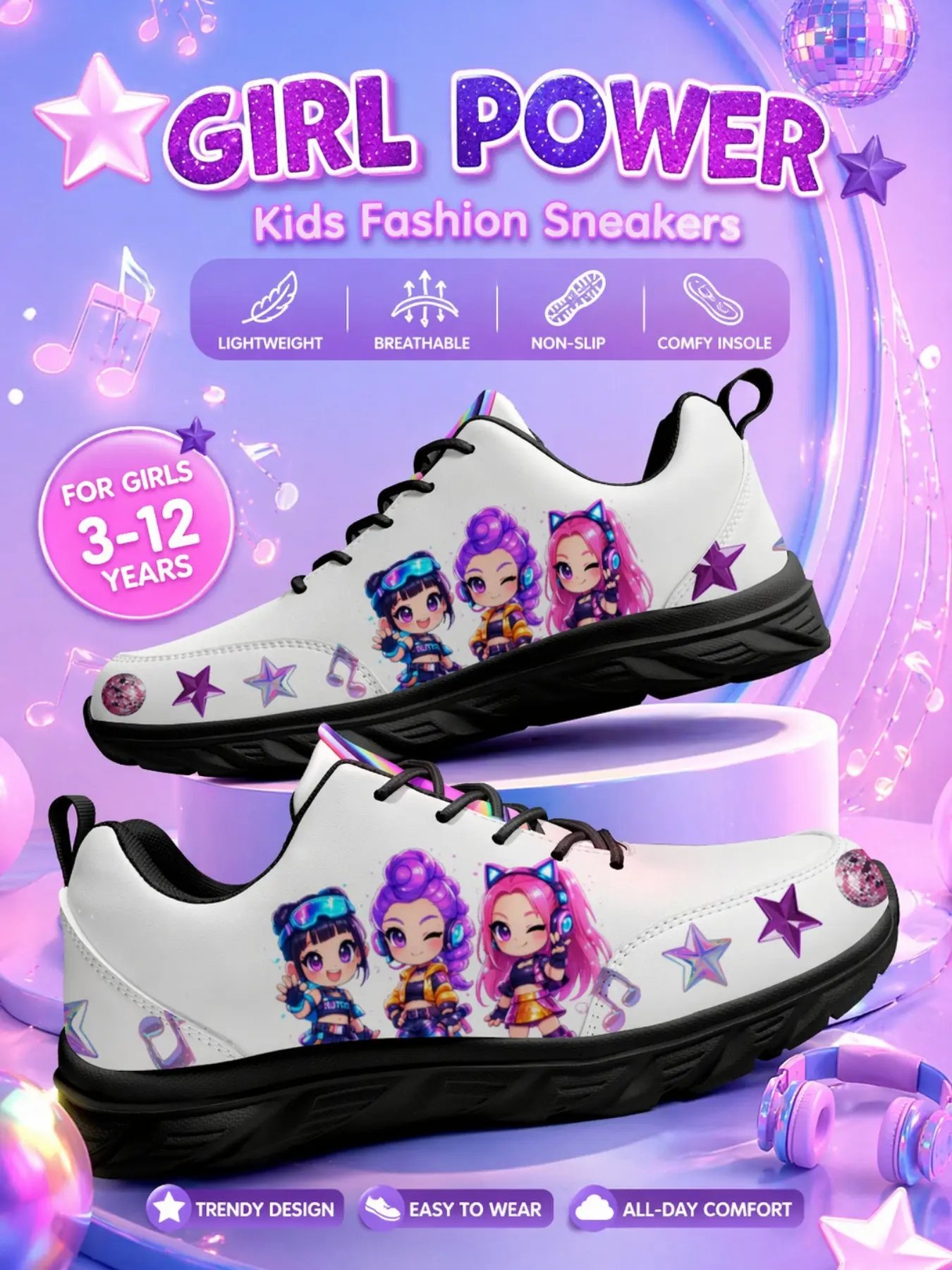 Girls Leather Sneakers, Kids White Casual Shoes, Cute Cartoon Print Shoes, Star Music Graphic Sneakers, Lightweight Walking Shoes, All Match Trainers, Trainer Sneaker, School Shoes for Girls Ages 3-12