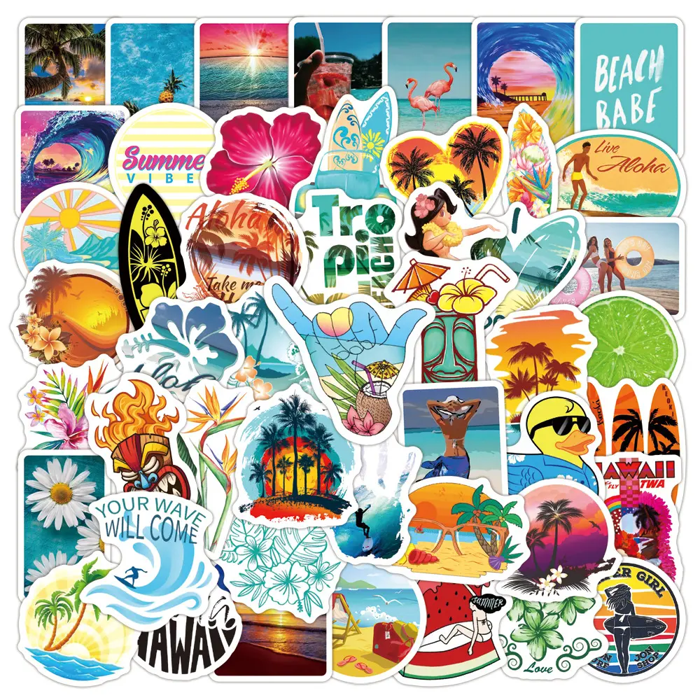 50pcs Summer Beach Surfing-themed Stickers-suitable for Scrapbooks, Journals, Laptops, Water Bottles, Cars, and More. Faith-based Designs Featuring Positive Messages; Perfect for Gifts.