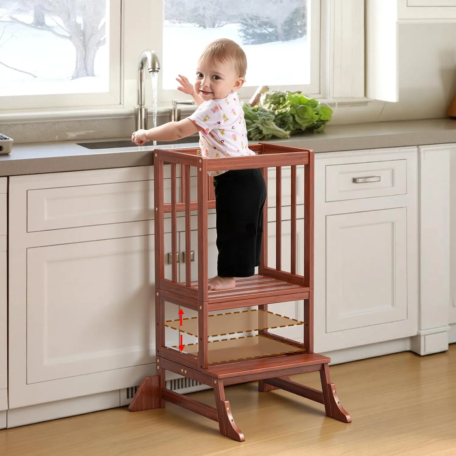 Toddler Step Stool - Height Adjustable Kids Standing Tower for Kitchen and Bathroom - Toddler Kitchen Stool Helper with Stabilizing Base for Sink and Counter (Brown)