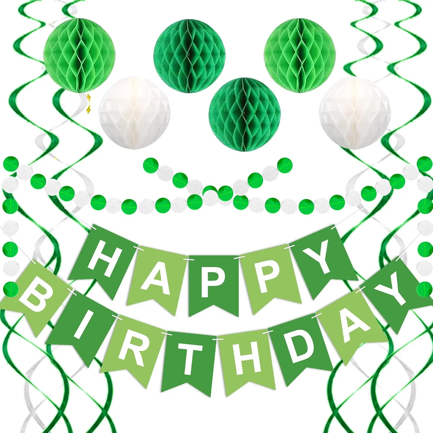Green Birthday Decorations, Happy Birthday Banner with  Balls, Circle Dot Garland and  Swirl Decorations for Women Men Boys Girls (Green White)