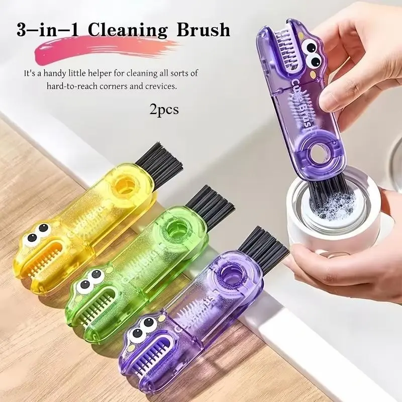 2-Piece 3-In-1 Cup Lid Cleaning Brush Set, Multi-Functional Cleaner for Insulated Cups, Water Bottles, Washable Dishwasher Safe, Cute Cartoon Design