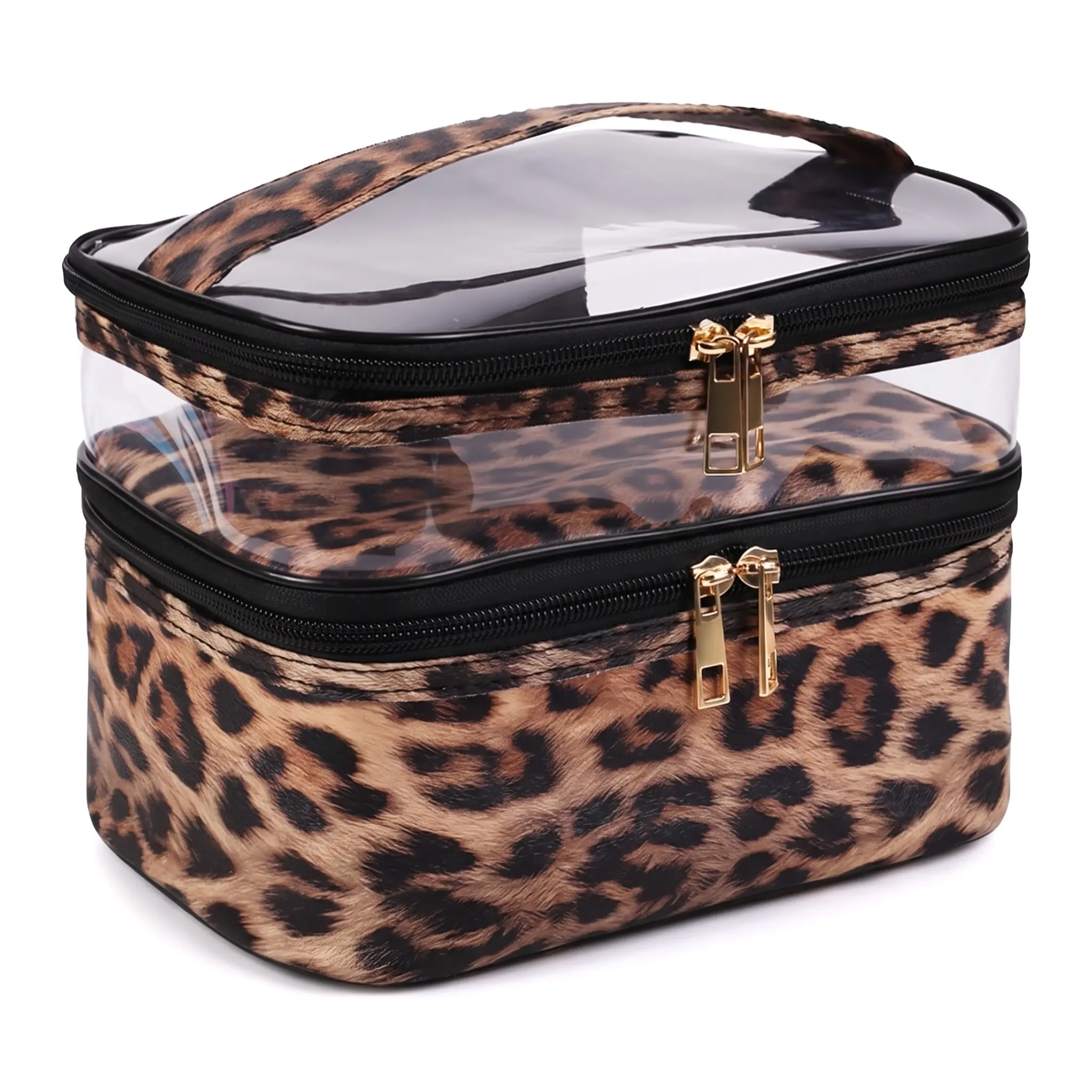 Women's Chic Leopard Print Cosmetic Bag - Waterproof PU Double-Layer Organizer, Compact, Foldable, and Travel Ready with Zipper Top, Chic Cute, Built-In Organizer Make-Up Bags,back to school,back to school haul