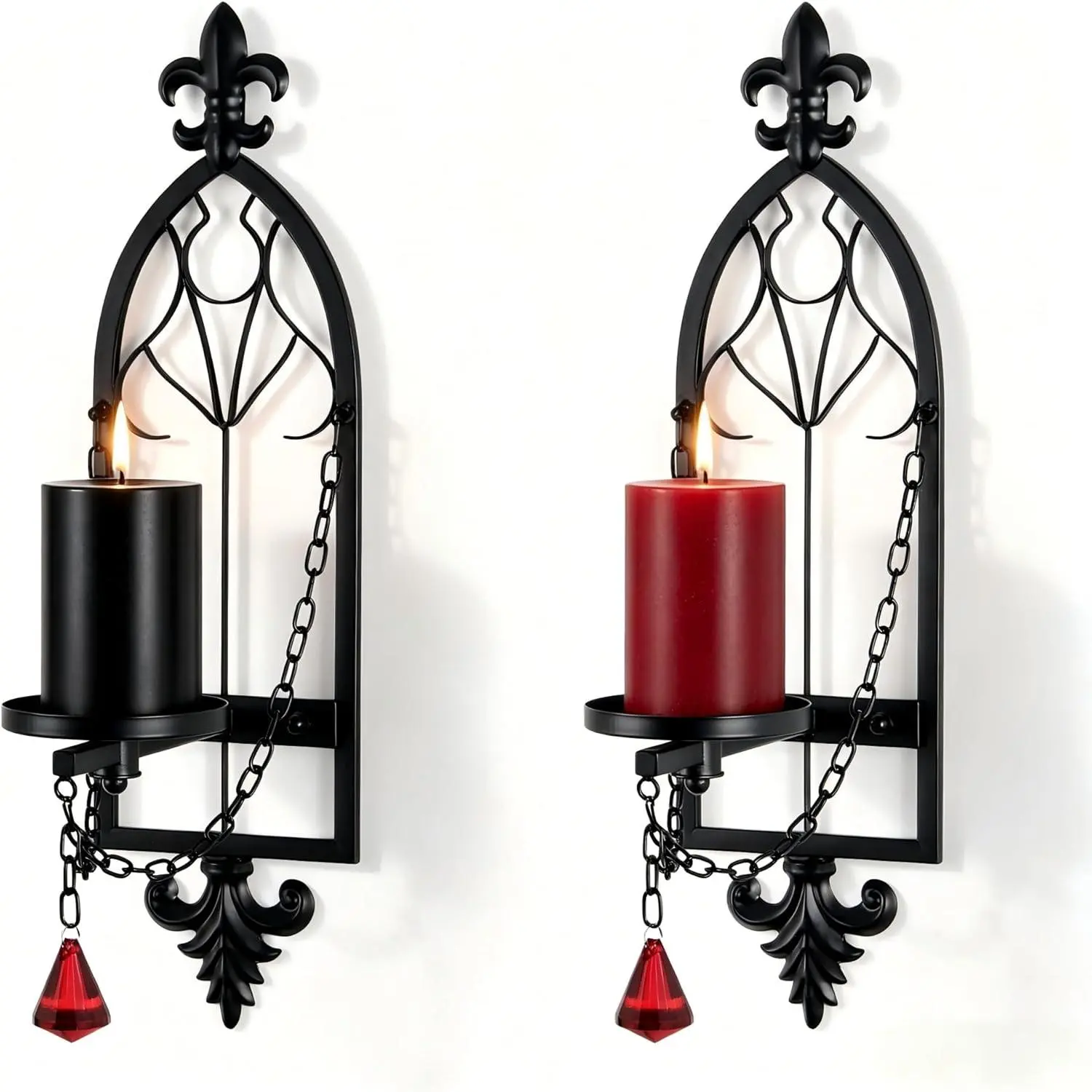 We Moment Gothic Candle Sconce Set of 2, Black Metal Medieval Chain Candle Holder with Red Acrylic Crystals, Retro Vintage Wall Decor for Home, Bedroom, Living Room, Dining Room