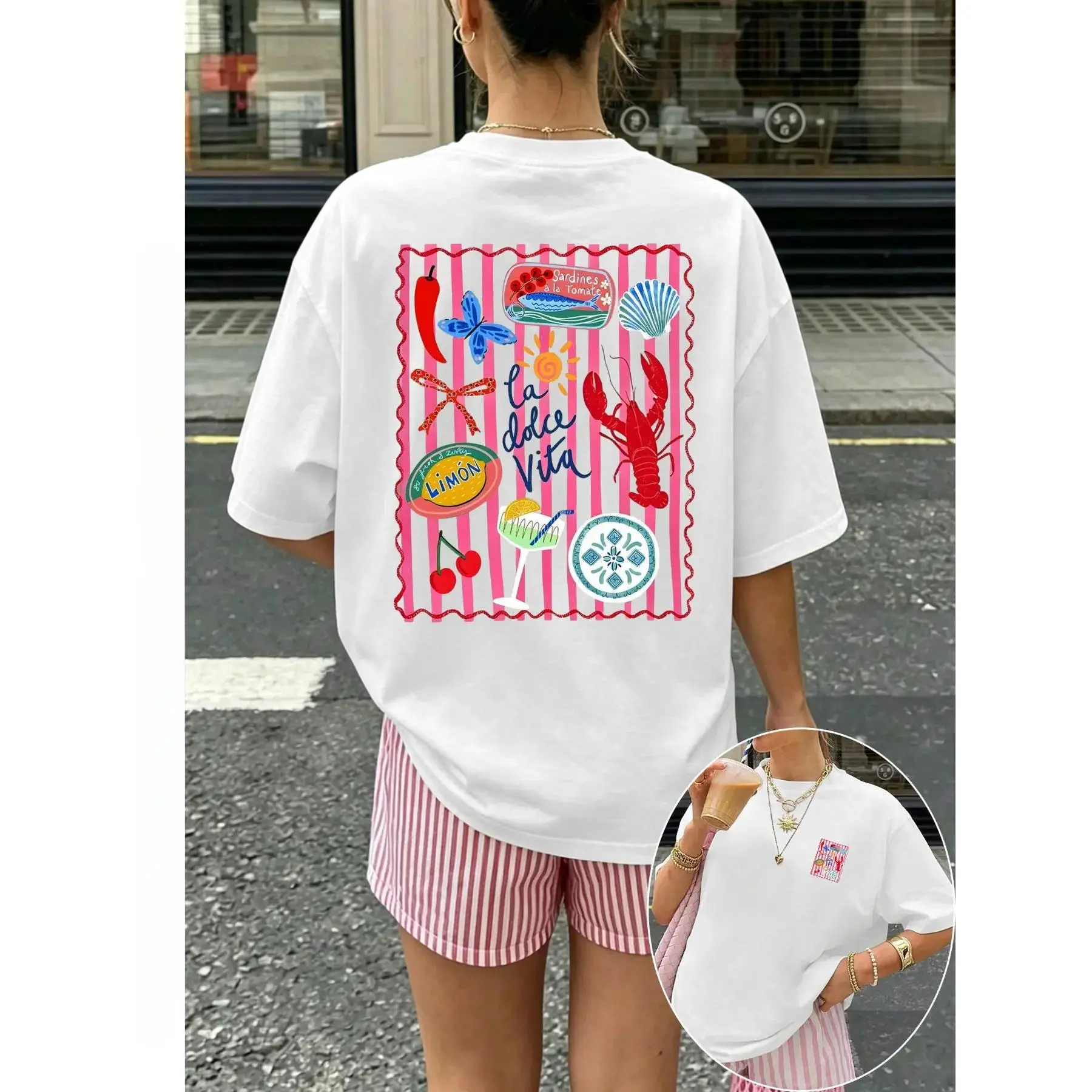 Women's Lobster Graphic Round Neck Short Sleeve Loose-Fit T-Shirt - Soft Breathable Fabric, Casual Wear, Ideal Summer Sports Top