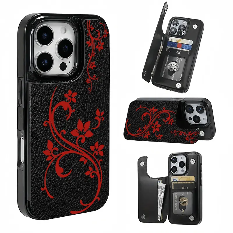 Halloween Exclusive, Red Vine Pattern Card Holder Case, This phone case features a card slot function, can store bank cards, transit cards and other cards, suitable for iPhone 17/16/15/14/13/12, and makes a great gift for girls.