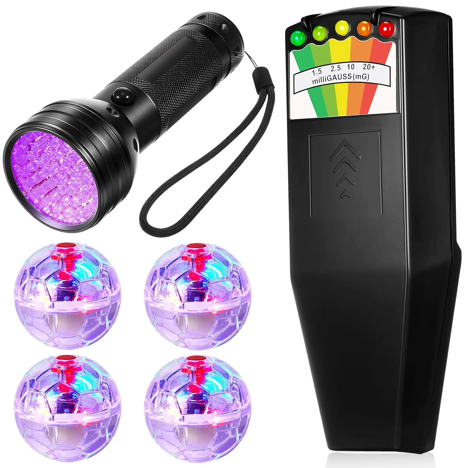6 Pcs Ghost Hunting Kit with EMF Meter UV Flashlight,Light | Paranormal Gear for Ghost Hunting, EMF Detector LED Gauge, 4 Light up Balls, for Home Office Paranormal Inspections