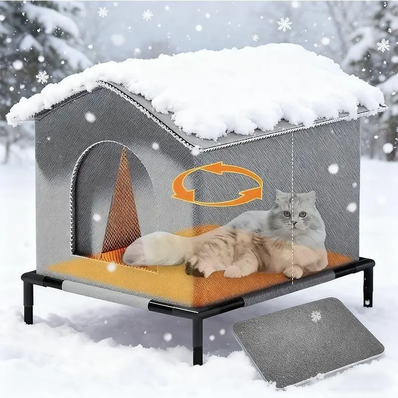 All-Weather Outdoor Cat House, Insulated Enclosed Winter Warm Shelter, Waterproof Elevated Base, 3 Sizes, Durable Wild Cat Bed, Ideal Gift for Pet Lovers