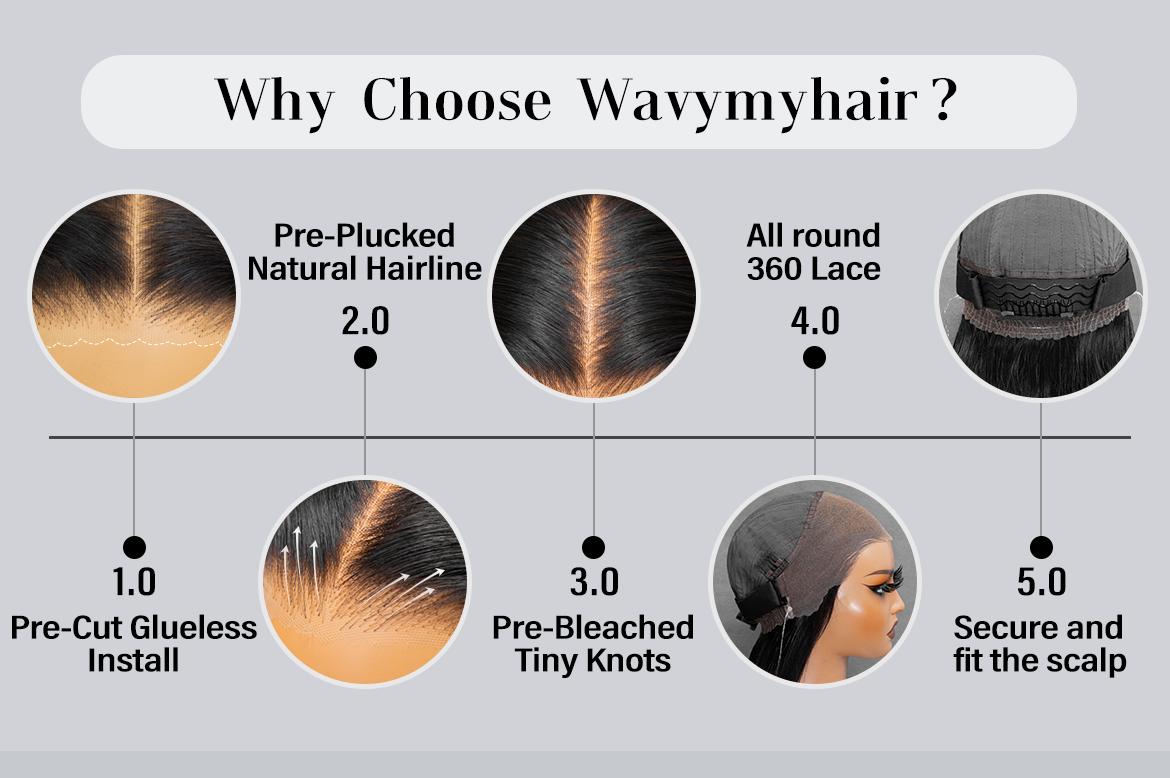 Wavymy 360 Straight Invisi Drawstring Wear Go Glueless Pre-Bleached And Pre-Cut Lace Glueless Wigs Flexi-Fit  Glueless Water Wave Wigs 180% Density